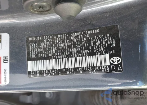 2019 Toyota Corolla Xse из США, поврежденный, VIN 5YFBURHE3KP919940